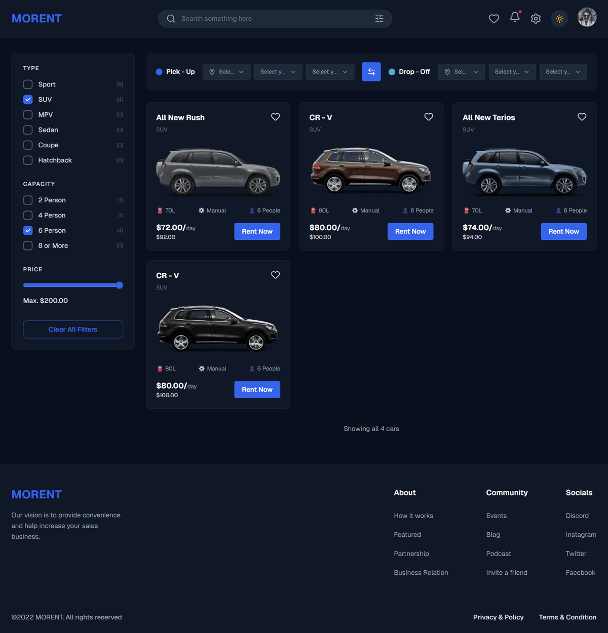 Browse Cars — functional filter sidebar (type, capacity, max daily price) with real-time results and responsive 3-column car grid