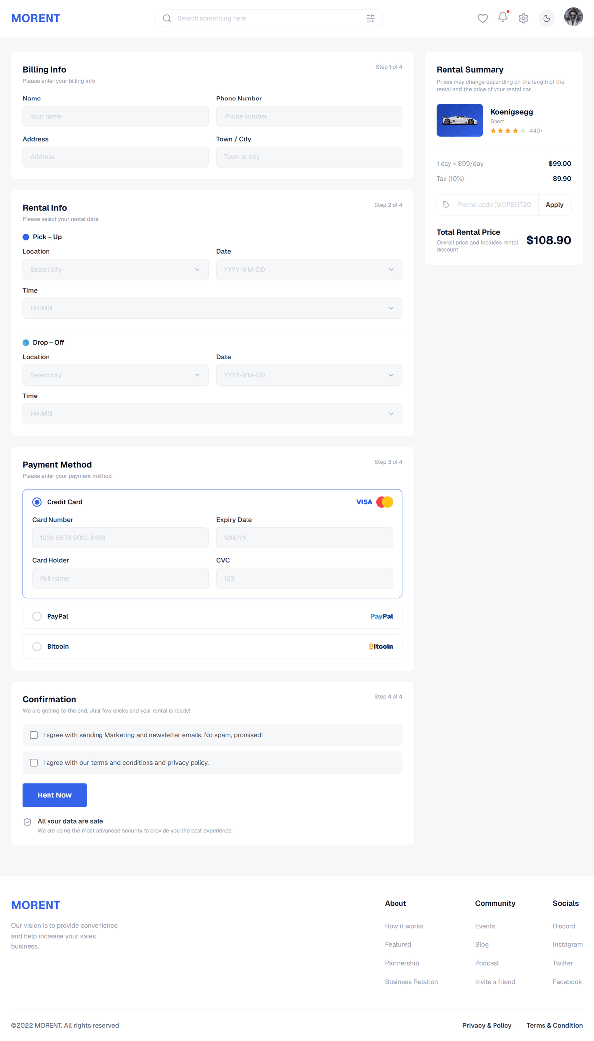 4-step Checkout — React Hook Form + Zod validation, promo code support, live price calculation, and rental summary sidebar
