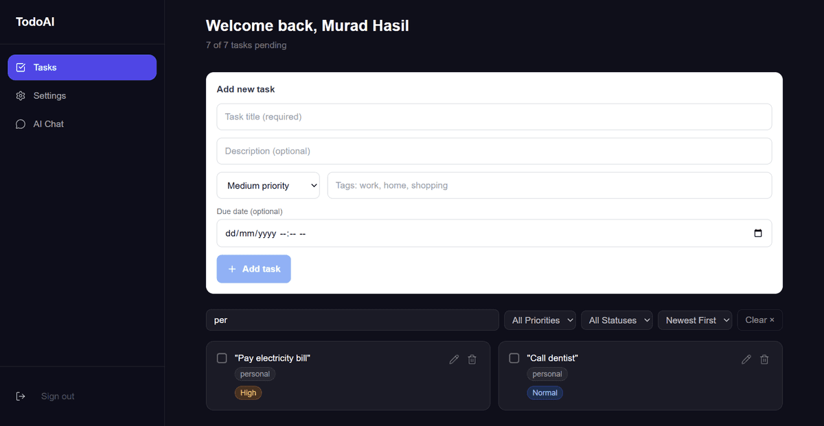 Search and filter — 'per' query surfaces Pay electricity bill and Call dentist with priority badges