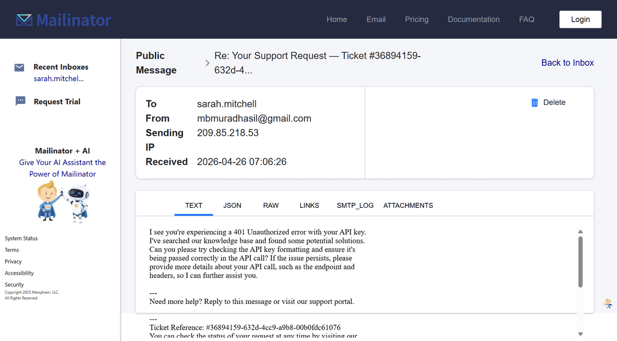 End-to-end proof — customer receives the AI-generated reply with ticket reference in their inbox