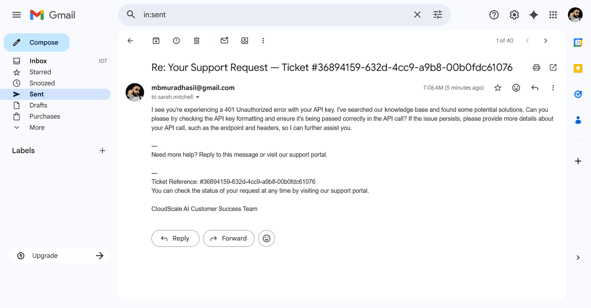 Gmail channel — AI agent searches knowledge base, composes a formal reply, and sends it via Gmail API