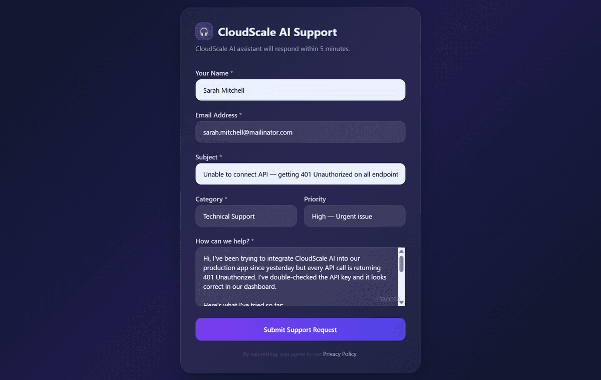 Web Form channel — customer submits a High-Urgent API issue; AI agent picks it up from Kafka within seconds