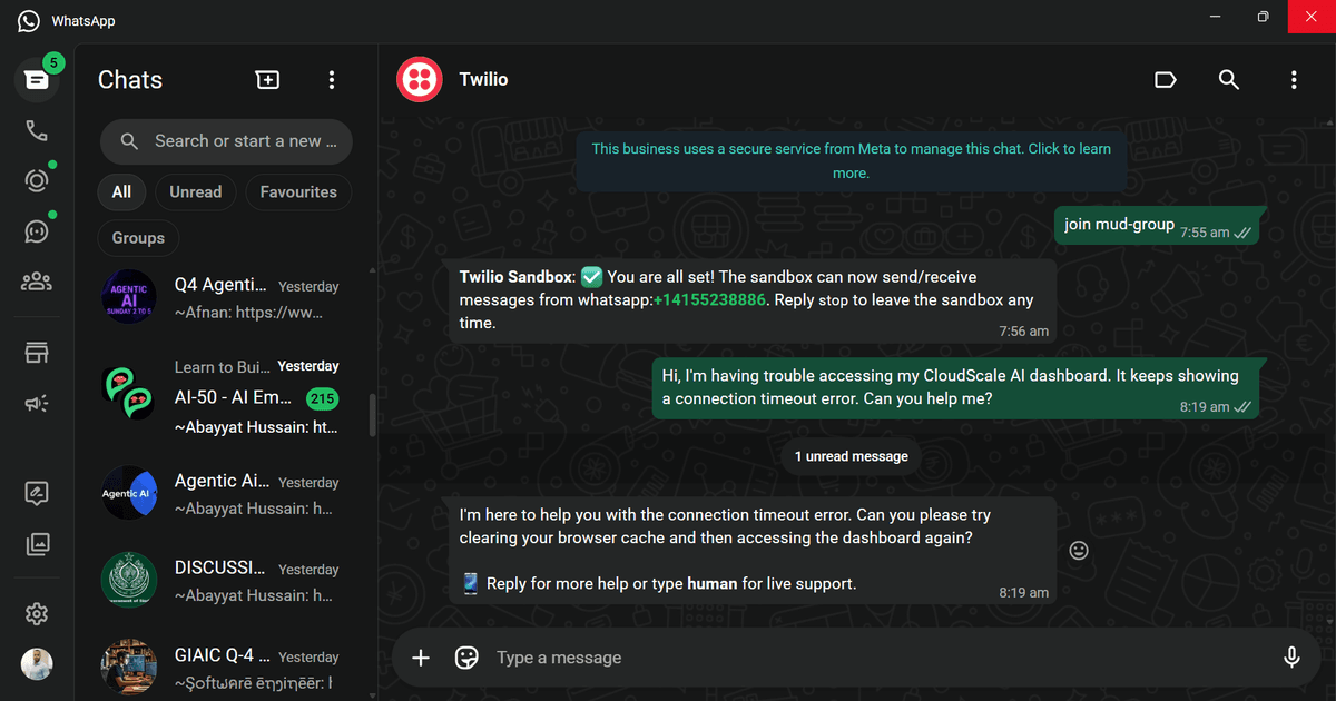 WhatsApp channel — Twilio Sandbox integration; AI responds conversationally in under 300 characters
